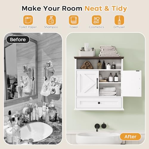 Bathroom Wall Cabinet, Wall Mounted Medicine Cabinet 24.4"H x 23.6"W x 9"D | With Drawer, Barn Doors & Adjustable Shelf, White Over Toilet Farmhouse Storage Cabinet for Kitchen, Laundry Room, Entryway - color: White