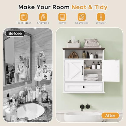Bathroom Wall Cabinet, Wall Mounted Medicine Cabinet 24.4"H x 23.6"W x 9"D | With Drawer, Barn Doors & Adjustable Shelf, White Over Toilet Farmhouse Storage Cabinet for Kitchen, Laundry Room, Entryway - color: White