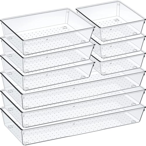 9 Pack Clear Plastic Drawer Organizer Set, Acrylic Non Slip Non Cracking Kitchen Drawer Storage Tray Large Size Divider, Multifunctional Storage for Cosmetics, Bathroom, Tools, Kitchen and Office - size: 9 PACK