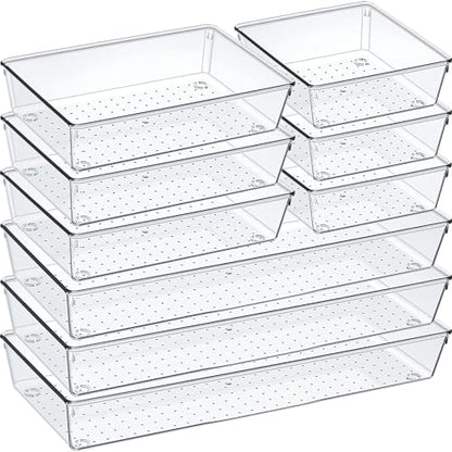9 Pack Clear Plastic Drawer Organizer Set, Acrylic Non Slip Non Cracking Kitchen Drawer Storage Tray Large Size Divider, Multifunctional Storage for Cosmetics, Bathroom, Tools, Kitchen and Office - size: 9 PACK