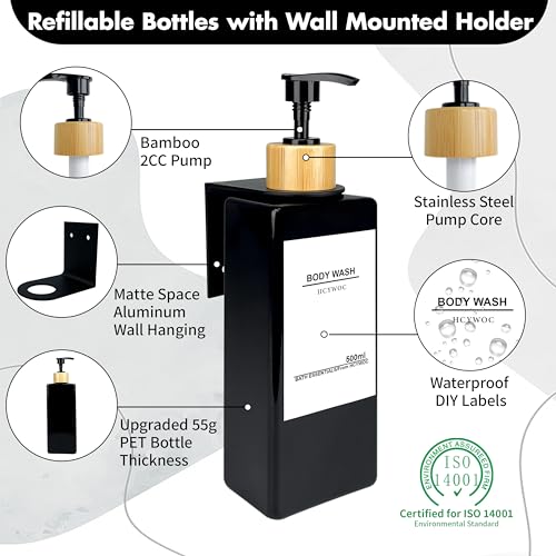 Shampoo and Conditioner Dispenser, No Drill, 16 Waterproof Labels | Shampoo Dispenser for Shower Wall, Shower Soap Dispenser Wall Mounted 3 Chamber, Bathroom, 17oz, Bamboo Black - color: Black Bottle + Bamboo Pump