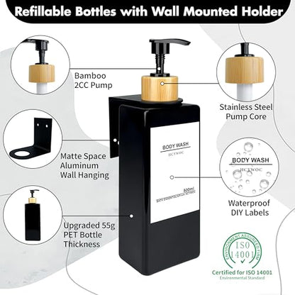 Shampoo and Conditioner Dispenser, No Drill, 16 Waterproof Labels | Shampoo Dispenser for Shower Wall, Shower Soap Dispenser Wall Mounted 3 Chamber, Bathroom, 17oz, Bamboo Black - color: Black Bottle + Bamboo Pump