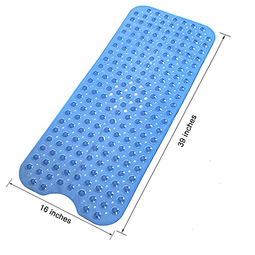 Anti Slip Extra Long Bathtub and Shower mat 39" x 16", Wet Floor Non-Slip for Elderly & Kids Bathroom, 30% Longer Bathtub Mats, 200 Suction Cups, Drain Holes, Machine Wash (Clear Blue) - color: Transparent Blue