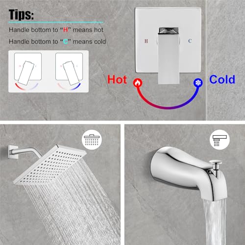 Heyalan 8-Inch Shower Faucet Set with Tub Spout and Valve, Polished Chrome | 8-inch square rainfall head, tub spout with diverter, male-thread rough-in valve, single-handle control and wall-mount design - color: Polished Chrome, size: 8 Inch Square Shower