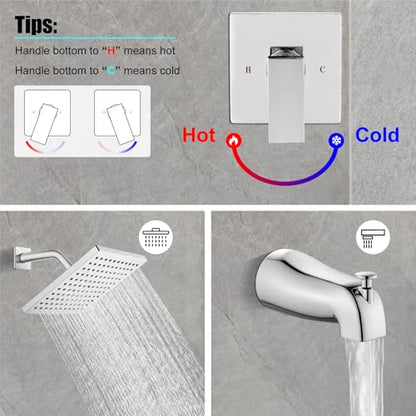 Heyalan 8-Inch Shower Faucet Set with Tub Spout and Valve, Polished Chrome | 8-inch square rainfall head, tub spout with diverter, male-thread rough-in valve, single-handle control and wall-mount design - color: Polished Chrome, size: 8 Inch Square Shower
