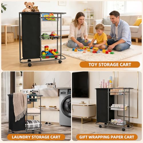 3-Tier Rolling Laundry Cart with Wheels and 45L Bag, Black | Between Washer and Dryer, Heavy Duty, For Narrow Space Laundry Room Bathroom Bedroom - color: Black