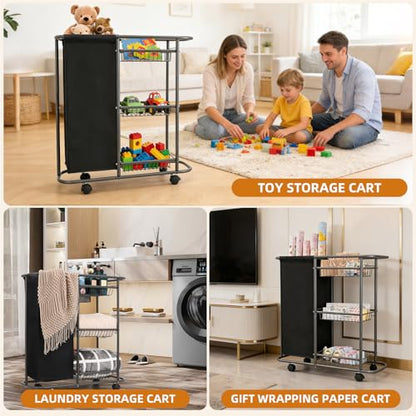 3-Tier Rolling Laundry Cart with Wheels and 45L Bag, Black | Between Washer and Dryer, Heavy Duty, For Narrow Space Laundry Room Bathroom Bedroom - color: Black