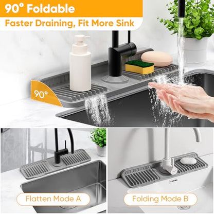 17.7'' Faucet Mat for Kitchen Sink Splash Guard[7° Slope Fast Self-draining][Snap Lock Fit] Folding Kitchen Sink Faucet Mat Splash Guard Kitchen Sink Area Water Splash Guard Behind Faucet Draining Mat - color: Gray, size: 17.7" x 5.5"