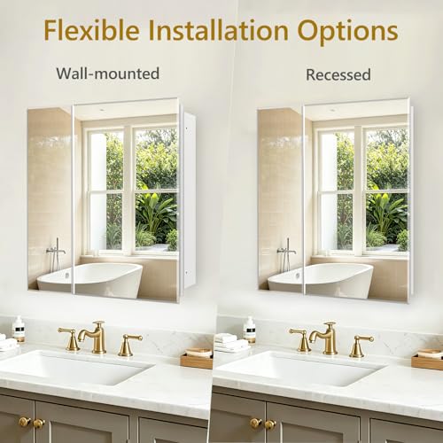 Bathroom Medicine Cabinet with 30x26 in Rectangular Beveled Frameless Mirror,Double Door Wall Mounted Mirror Cabinet for Bathroom Toilet Kitchen,Recess or Surface Mount - size: FMG-CM7005-3026