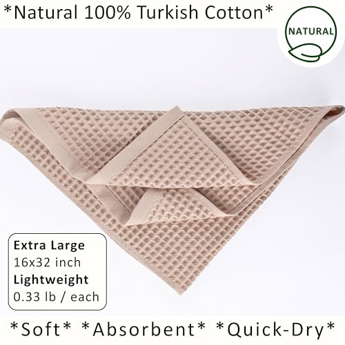 PÜSKÜL Natural 100% Turkish Cotton Waffle Kitchen and Hand Towels, 3-Piece | Beige, 32x16" Large, Premium 3D Honeycomb Weave Soft Absorbent Quick-Dry Lint-Free Dish Towel, Oeko-Tex Made in Turkey - color: Beige, size: Kitchen & Hand Towels Pack of 3