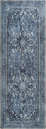 Bloom Rugs Caria Washable Non-Slip 7 ft Runner - Blue/Charcoal Traditional Runner for Entryway, Hallway, Bathroom, and Kitchen - Exact Size: 2'6" x 7' - color: Blue / Charcoal, size: 2'6" x 7' (Runner)