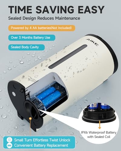 AIKE Automatic Liquid Soap Dispenser,25oz Capacity for Bathroom,Mattewhite | No-Drill and Screw Wall Mount Install Design for Space-Saving,4*AA batteries(Not Included) Ensure Long Standby,Model AK1205E - color: Off White