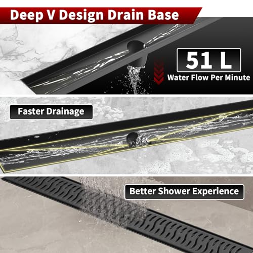 Sharp-tec Linear Shower Drain, 24 inch Shower Drain with Removable Pattern Cover, Matte Black 304 Stainless Steel Rectangle Floor Drain, Adjustable Feet and Hair Strainer Included - color: Matte Black, size: 24 inch