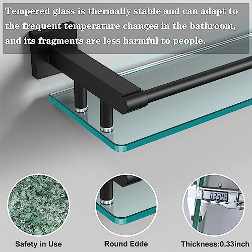 Bathroom Glass Shelf 20IN Rectangular Stainless Steel Tempered Glass Shelves Modern Stainless Steel Wall Mount Bathroom Shelf (Matte Black, 20‘’) - color: Matte Black, size: 20'' with Railing