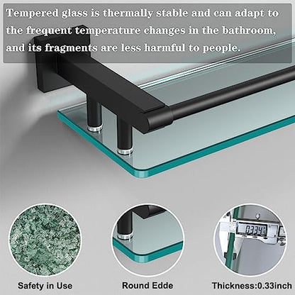 Bathroom Glass Shelf 20IN Rectangular Stainless Steel Tempered Glass Shelves Modern Stainless Steel Wall Mount Bathroom Shelf (Matte Black, 20‘’) - color: Matte Black, size: 20'' with Railing