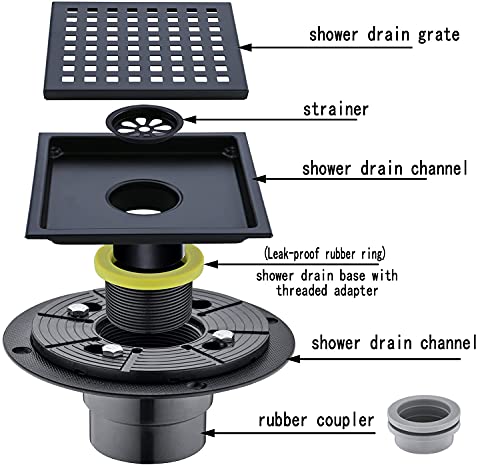 RANDOM Square Shower Drain 6 Inch Matte Black Stainless Steel Shower Floor Drain Kit with Adjustable PVC Base Flange, Removable Grid Grate, Hair Strainer - color: C-matte Black-6″ Square With Base Flange