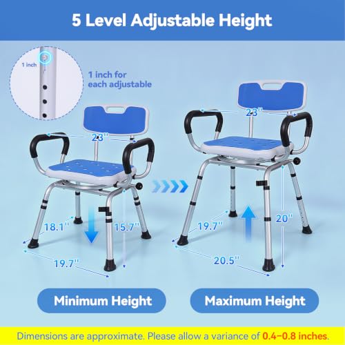 Swivel Shower Chair, Removable Back and Arms, 400 lbs Capacity | Adjustable Height Shower Seat for Elderly and Disabled, Non-Slip Shower Stool for Inside Shower, Tubs, Lightweight Bath Seat - color: Dark Blue