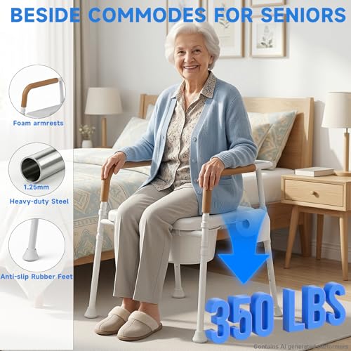 3-in-1 Bedside Commode for Seniors | 350lbs Reinforced Iron, Padded Seat & Arms, Height Adjustable Toilet Rails, Raised Toilet Seat with Bucket & Splash Guard
