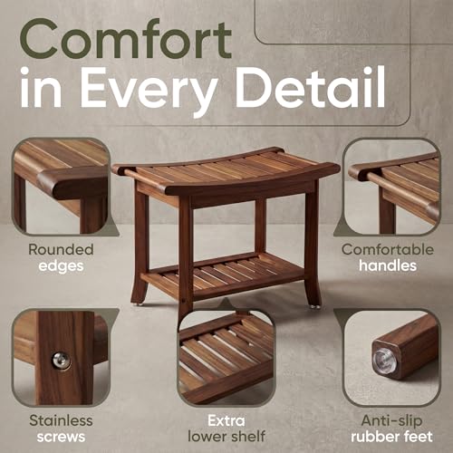 Teak shower bench with Storage Shelf, Shower Stool for Inside Shower, Waterproof Shower Bench Seat, Shower Chair for Inside Shower, Wood Bench, Bathroom Bench (Natural Wood) (Natural Wood) - color: Natural Wood