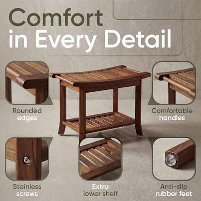 Teak shower bench with Storage Shelf, Shower Stool for Inside Shower, Waterproof Shower Bench Seat, Shower Chair for Inside Shower, Wood Bench, Bathroom Bench (Natural Wood) (Natural Wood) - color: Natural Wood