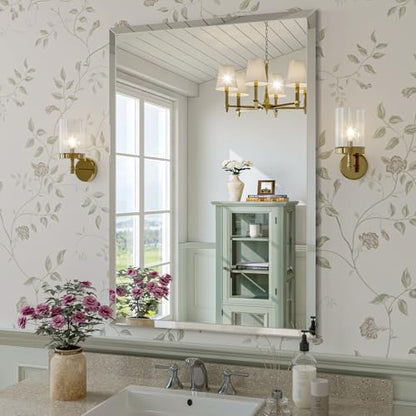 Frameless Bathroom Mirror, 28"x40" Beveled Bathroom Vanity Mirror | 15mm beveled edge, frameless, 5mm HD glass, anti-rust, french cleat, horizontally or vertically, for bathroom/bedroom - size: 28"L x 40"W