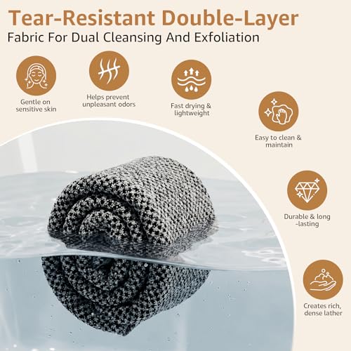 2Pcs Exfoliating Washcloth Towel, Long Dual-Sided Exfoliating Body Scrubber Exfoliator, Back Scrubber Deep Cleansing & Gentle Exfoliation, Quick-Drying Bath Towel for All Skin Types (Black & Pink)