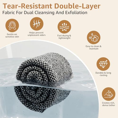 2Pcs Exfoliating Washcloth Towel, Long Dual-Sided Exfoliating Body Scrubber Exfoliator, Back Scrubber Deep Cleansing & Gentle Exfoliation, Quick-Drying Bath Towel for All Skin Types (Black & Pink)