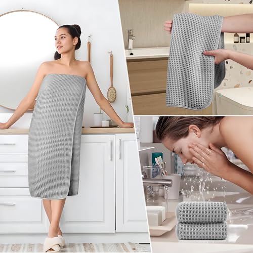 POLYTE 430 GSM Poly Blend Microfiber Quick Dry Waffle Bath Towel Set of 6 | 2-Body Towels, 2-Hand Towels, 2-Wash cloths, Oversize, Lint Free - color: Light Gray