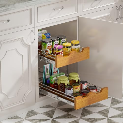 DINDON 2 Tier Pull Out Cabinet Organizer (11" W x 21" D) Slide Out Wood Shelf Organizers Double Tier Kitchen Wire Basket with Chrome Finish… - size: 11'' W X 21'' D
