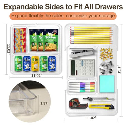Expandable Drawer Organizer, Adjustable Shallow Tray, 11" to 19" Width | 1.97" Height, Clear Plastic Storage, For Bedroom/Living Room/Kitchen/Bathroom/Office, Cosmetic/Tools/Cutlery/Stationery