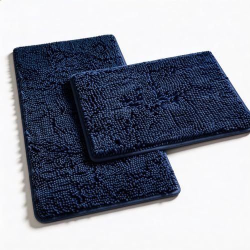 Non Slip Washable 2 Piece Extra Absorbent Shaggy Chenille Bathroom Rugs and Mats Sets, Soft & Dry Bath Rug/Mat Sets for Bathroom Washable Carpets Set Navy Blue Blue - color: Navy Blue