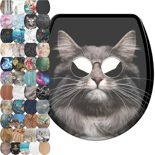 Sanilo Wooden Toilet Seat with Quick Release & Soft Close [ROUND] - Decorative & Slow Close Molded Wood Seat - With One Click for Easy Installation & Cleaning - With Adjustable Fit (Cool Cat) - color: Cool Cat