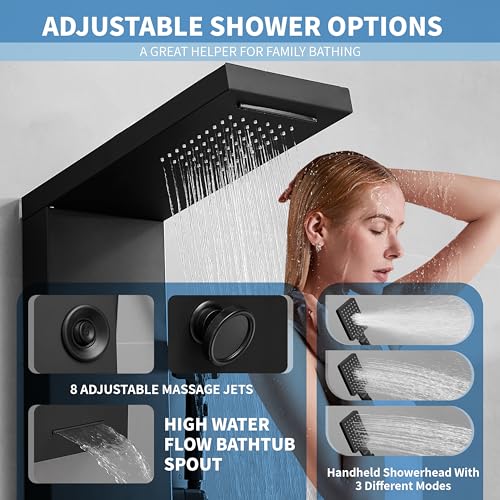 Shower Panel, Rainfall Handheld & 5 Body Jets, Black | Stainless Steel, Multi-Function Shower Tower System, Handheld Shower Wand Tub Spout and Rainfall Head, Temperature Display - color: Black, style: LED Shower Panel