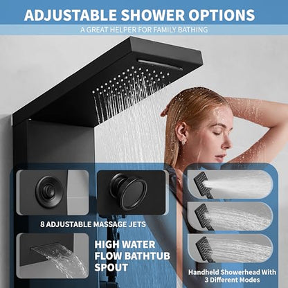Shower Panel, Rainfall Handheld & 5 Body Jets, Black | Stainless Steel, Multi-Function Shower Tower System, Handheld Shower Wand Tub Spout and Rainfall Head, Temperature Display - color: Black, style: LED Shower Panel