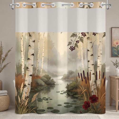 No Hook Birch Trees Shower Curtain with Snap in Liner, 71Wx74L | Double Layer Waterproof Bath Curtain with Mesh Top, Nature Misty Forest Woodland & Lake Landscape Print for Rustic Bathroom - color: Nature Landscape
