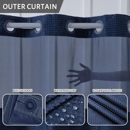 Furlinic No Hook Waffle Weave Shower Curtain with Snap in Fabric Liner Set,Heavy Duty Textured Bathroom Curtain with See Through Window,Waterproof & Machine Washable,Navy Blue,Stall 48x72 Inch - color: Navy, size: 48"W x 72"L (Pack of 1)