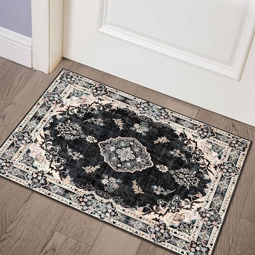 Black Rug 2'x3' Washable Area Rug Small Non Slip Low-Pile Floral | Machine Washable Throw Carpet for Entryway Kitchen Bathroom Bedroom Boho Soft Indoor Vintage Bohemian Distressed Flowers - color: Black, size: 2' x 3' (Rectangular)