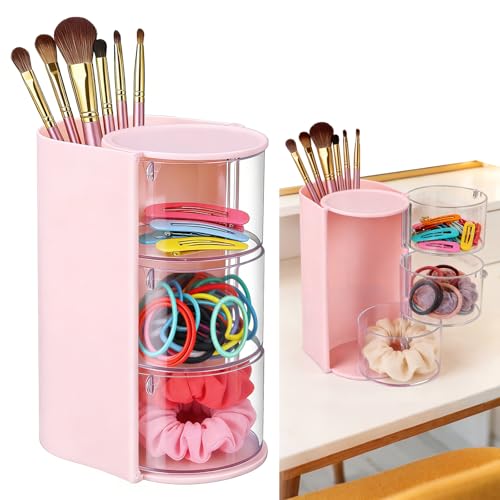 3-Tier Rotating Hair Accessories Organizer, 360° Spinning Storage Stand for Makeup Brushes and Jewelry, Compact Vanity Display Case for Girls, Holds Hair Clips, Earrings, Rings, Bracelets(Pink) - color: Pink