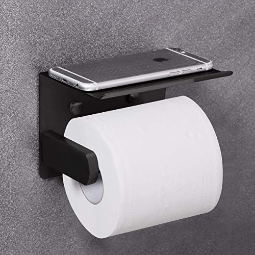 VAEHOLD Self Adhesive Toilet Paper Holder with Phone Shelf Stainless Steel Wall Mounted Toilet Paper Roll Holder - Rustproof and Bathroom Washroom Tissue Roll Holder with Shelf - Black - color: Black
