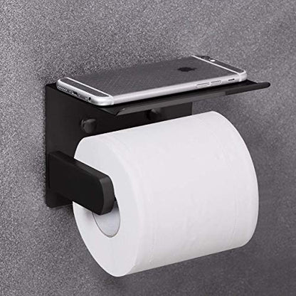 VAEHOLD Self Adhesive Toilet Paper Holder with Phone Shelf Stainless Steel Wall Mounted Toilet Paper Roll Holder - Rustproof and Bathroom Washroom Tissue Roll Holder with Shelf - Black - color: Black