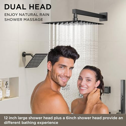 Shower Faucet Sets Matte Black Shower System,STARBATH 4 Way 12+6" Dual Head Shower Set Complete with 2 in 1 Handheld,Wall Mounted Rainfall Shower Head with 4 Body Spray Jets, Shower Jets System - color: Matte Black, size: 6"+12"-04