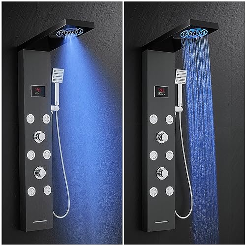 LED Rainfall Shower Tower System, Stainless Steel Hydroelectric Shower Panel Tower System (No battery need) with 6 Pcs Body Jets, Black - color: Black - 6 Body Jets