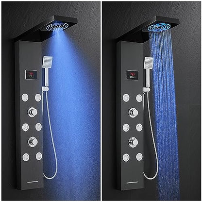 LED Rainfall Shower Tower System, Stainless Steel Hydroelectric Shower Panel Tower System (No battery need) with 6 Pcs Body Jets, Black - color: Black - 6 Body Jets