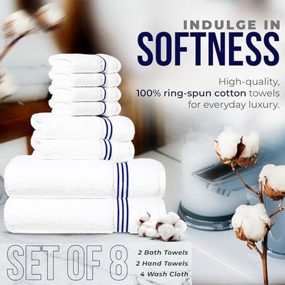 8-Piece Premium Towel Set, 2 Bath Towels, 2 Hand Towels, and 4 Wash Cloths, 100% Ring Spun Cotton Highly Absorbent Towels for Bathroom, Gym, Hotel, and Spa - color: Blue