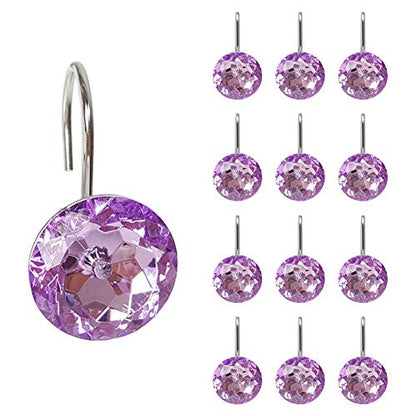 12 Pcs Bling Rhinestones Shower Curtain Hooks Bathroom Rolling Hooks - color: Purple