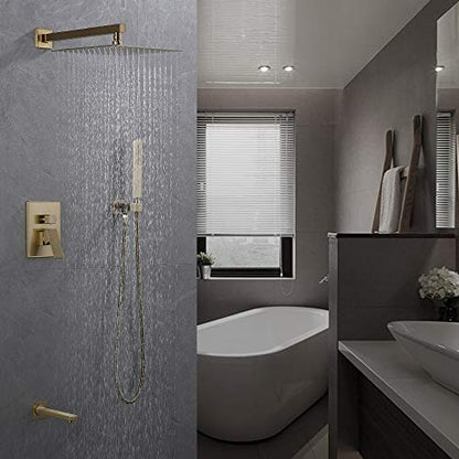 Iriber Brushed Gold Rain Shower System with Waterfall Tub Spout 3 Function Shower Faucet Set Contain 12 Inch Shower Head and Handheld Modern Bathroom Shower Trim Kit (Valve Cartridge Included) - color: Brushed Gold