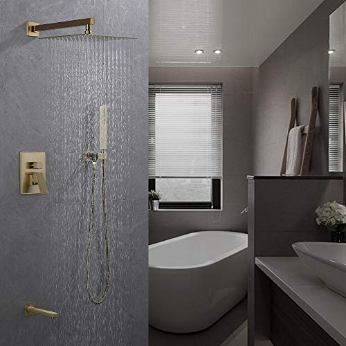Iriber Brushed Gold Rain Shower System with Waterfall Tub Spout 3 Function Shower Faucet Set Contain 12 Inch Shower Head and Handheld Modern Bathroom Shower Trim Kit (Valve Cartridge Included) - color: Brushed Gold