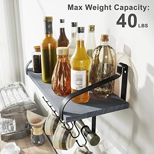 Love-KANKEI 17.3"Floating Wall Shelf Wood/Bracket,Coffee Bar,Weathered Grey | Spice Rack,Towel Bar/8 Hooks,40 Lbs/shelf,Easy to Install,For Kitchen,Bathroom,Living Room,Bedroom,Office,Entryway Display - color: Weathered Grey