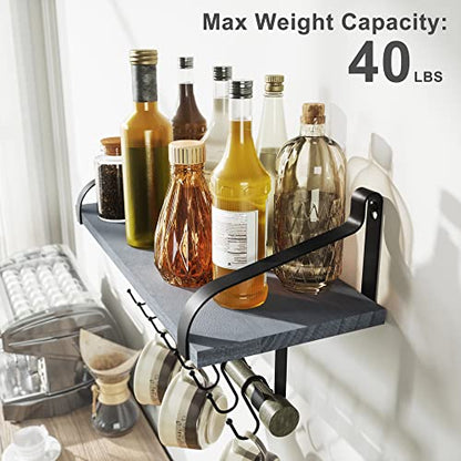Love-KANKEI 17.3"Floating Wall Shelf Wood/Bracket,Coffee Bar,Weathered Grey | Spice Rack,Towel Bar/8 Hooks,40 Lbs/shelf,Easy to Install,For Kitchen,Bathroom,Living Room,Bedroom,Office,Entryway Display - color: Weathered Grey