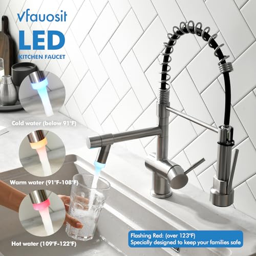 VFAUOSIT Kitchen Faucet with Pull Down Sprayer, Brushed Nickel LED Light | Dual Outlets, Hands-Free Spray Lock, 360° Swivel, cUPC/CEC Certified, 10-Minute Tool-Free Setup, Ceramic Disc Valve - color: Brushed Nickel-04